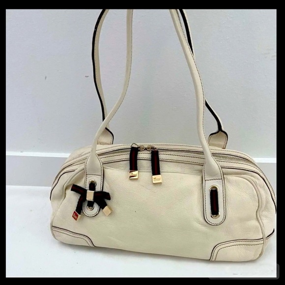 Auth Gucci Princy Boston Bow Web Stripe Offwhite Leather Satchel Shoulder Bag - Picture 2 of 15